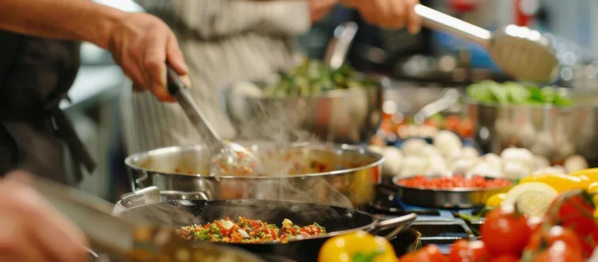 Mains de cuisiniers préparant légumes et sauces à la poêle pendant le cours de cuisine