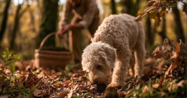 Chien truffier reniflant le sol en forêt, avec le chercheur et son panier à l'arrière-plan